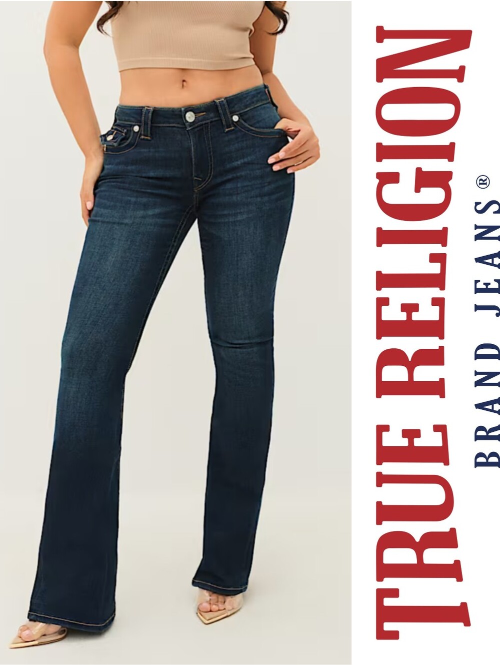 NWT True Religion Joey Mid Rise Big T Flap Flare Jeans 34 (Fits 14) Pink Stitch